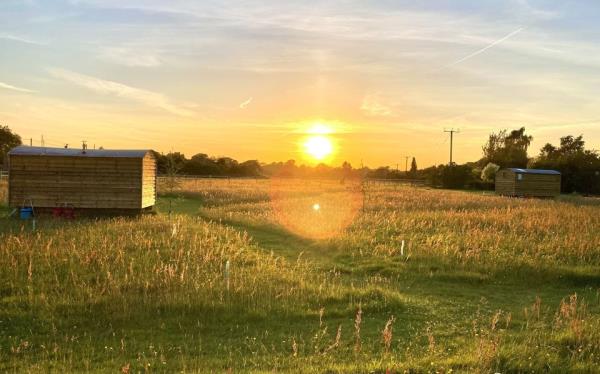 Sunset view from hut at Wollerton Shepherd Huts