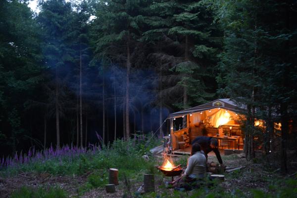 Safari tent at night at Folly Valley Safari Tents