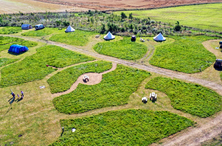 A drones view of the Bell tents