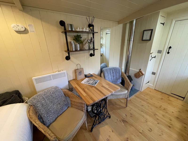Shepherd Hut table and fire